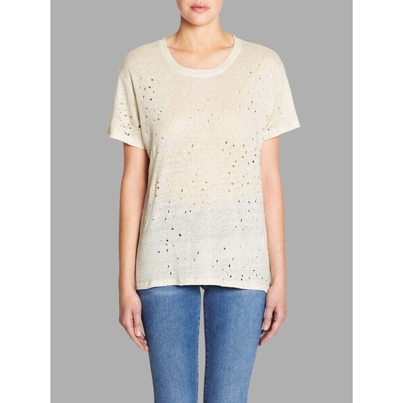 IRO Tops - IRO Womens Size XS Tan Clay Linen Distressed Sijae Tee T-Shirt Cut Out Top
